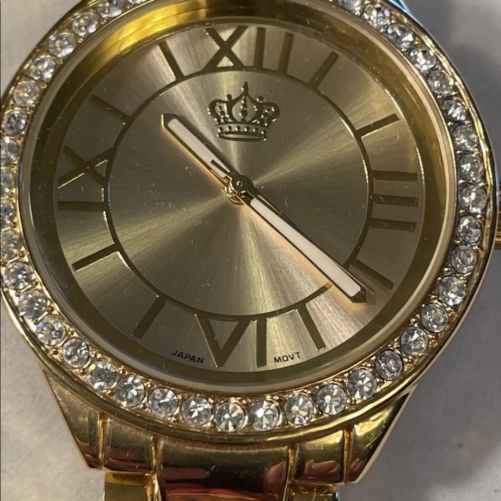Premier Designs link bracelet watch, gold tone w/clear stones around face